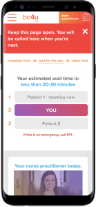 Telehealth waiting room with your place in line, estimated wait time and an picture and bio about the healthcare provider you are about to meet with.