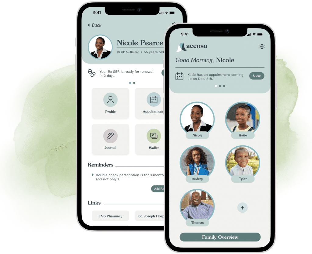 An illustration of a healthcare app for smartphones with pictures of each member of the family.