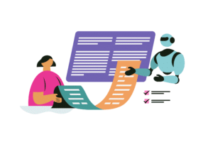 A digital illustration of a human and a robot collaboratively working on business tasks, symbolizing AI integration in business operations.