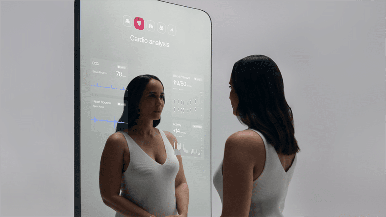 A woman standing in front of the Withings Omnia smart mirror displaying real-time cardio analysis and health metrics.