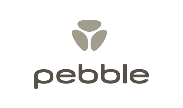 Pebble logo in a mondern font with three shapes as