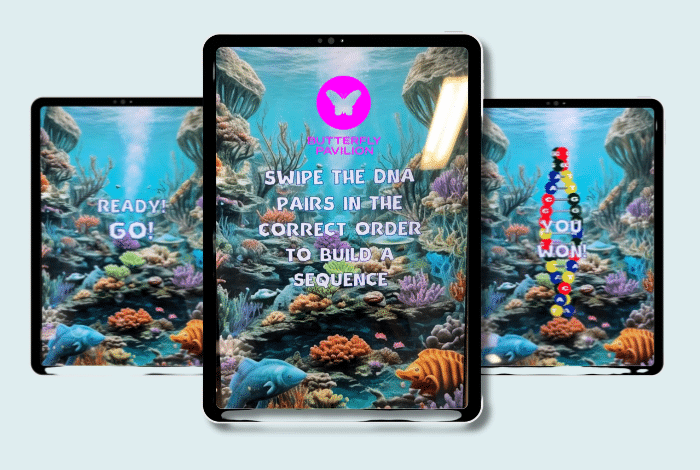 Screenshots of an interactive DNA sequencing game developed for Butterfly Pavilion, displayed on tablet screens.